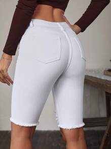 Ripped Raw Hem Biker Denim Shorts - White - View 2