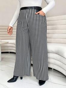 SHEIN Privé Plus Houndstooth Print Wide Leg Pants - Black and White - View 5