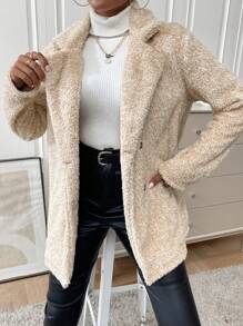 SHEIN LUNE 西裝領雙排釦絨毛外套 - 卡其色 - 查看 4