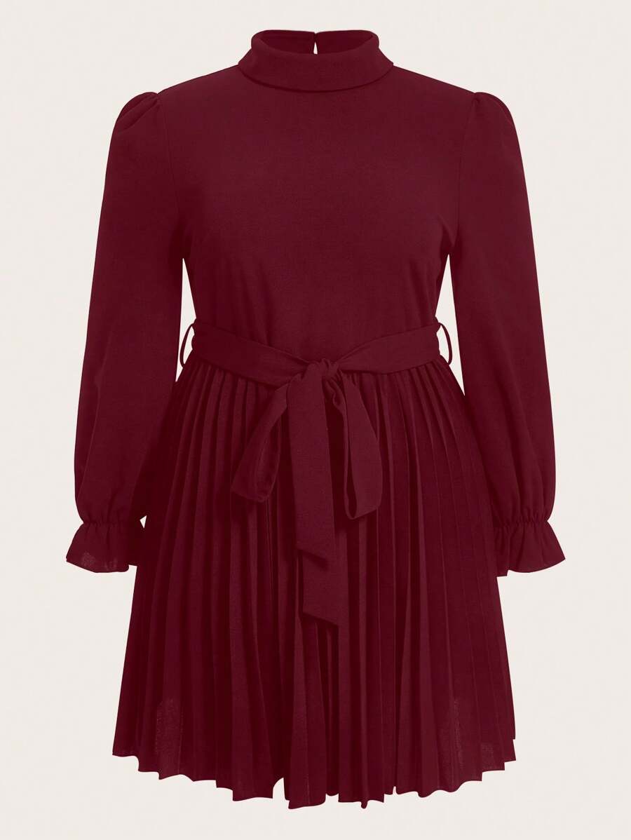 SHEIN MOD Plus Mock Neck Flare Sleeve Pleated Hem Belted Dress - Burgundy - View 1