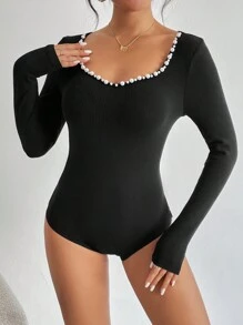 Firerie Pearls Beaded Sweetheart Neck Ribbed Knit Bodysuit - Black - View 3