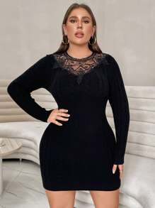 SHEIN Privé 大碼蕾絲拼接緊身毛衣洋裝