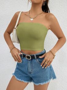 SHEIN Essnce Solid Crop Tube Top - Army Green - View 6