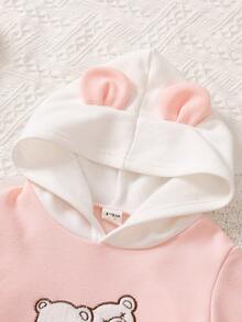 女嬰刺繡卡通圖案袋鼠口袋連帽衛衣裙 - 粉色 - 查看 3