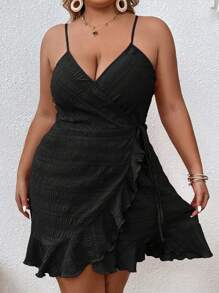 SHEIN VCAY Plus Ruffle Trim Wrap Knot Side Cami Dress - Black - View 3