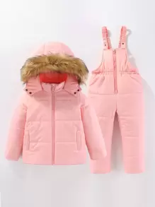 SHEIN 年轻女孩毛绒装饰连帽夹棉外套和连体裤 - 粉色 - 查看 1