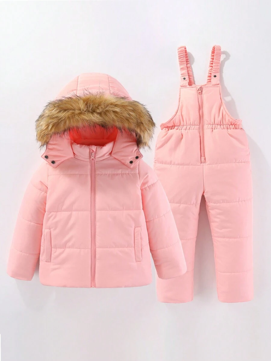 SHEIN 年轻女孩毛绒装饰连帽夹棉外套和连体裤 - 粉色 - 查看 1