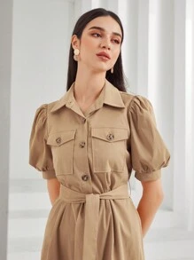 Mulvari 漸層翻蓋細節腰帶襯衫洋裝 - 卡其色 - 查看 8