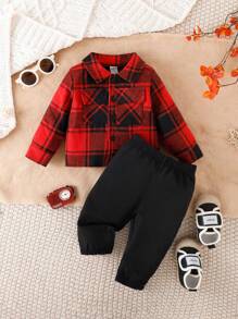 男婴格子印花翻盖口袋夹克和裤子（不含 T 恤），适合圣诞节男婴格子套装 - 紅色 - 查看 3
