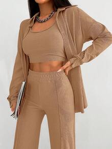 1pc Solid Button Front Shirt & 1pc Wide Leg Pants - Khaki - View 6