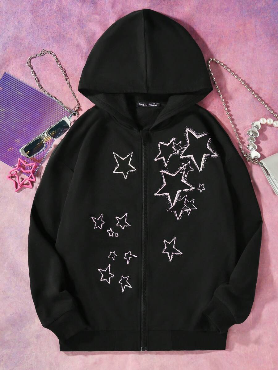 Teen Girl Star Print Zip Up Sweatshirt - Black - View 1