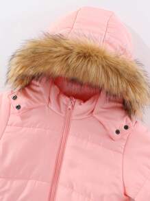 SHEIN 年轻女孩毛绒装饰连帽夹棉外套和连体裤 - 粉色 - 查看 4