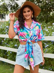 SHEIN VCAY 大碼印花下擺打結襯衫 - 彩色 - 查看 3