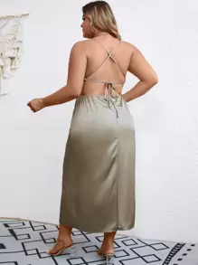 SHEIN Clasi Talla grande Vestido de tirantes escote drapeado de espalda abierta con tira cruzada de satén - Verde Oliva - Ver 2