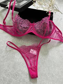 Snug Zone Floral Embroidered Underwire Bra & Panty Lingerie Set - Hot Pink - View 4