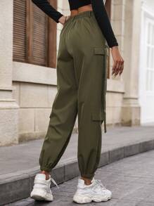 SHEIN Unity Button Fly Flap Pocket Side Cargo Pants - Dark Green - View 2