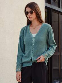 SHEIN Frenchy Guipure Lace Trim Drop Shoulder Cardigan Winter Christmas Casual Green - Green - View 4