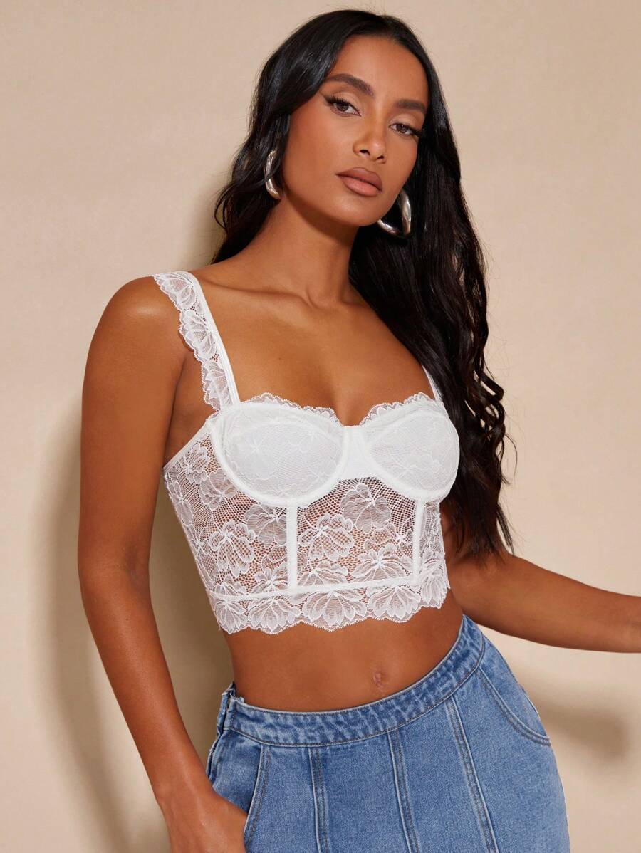 SHEIN BAE Lace Crop Wide Strap Top - White - View 1