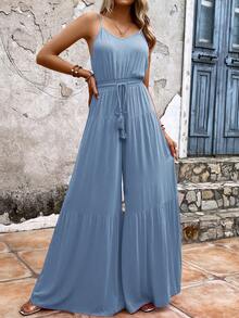 SHEIN VCAY Solid Belted Cami Wide Leg Jumpsuit - Blue - View 3