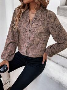 SHEIN Clasi 滿版印花燈籠袖襯衫 - 卡其色 - 查看 4