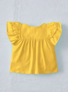 SHEIN Cute Knitted Baby Girl Round Neck Short Cap Sleeves Top & Solid Color Ruffle Hem T-Shirt