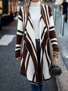 SHEIN LUNE Striped Pattern Waterfall Collar Drop Shoulder Cardigan - Multicolor - View 5