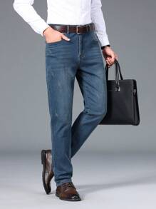 Manfinity Mode Men Slant Pocket Straight Leg Jeans Without Belt - Blue - View 5