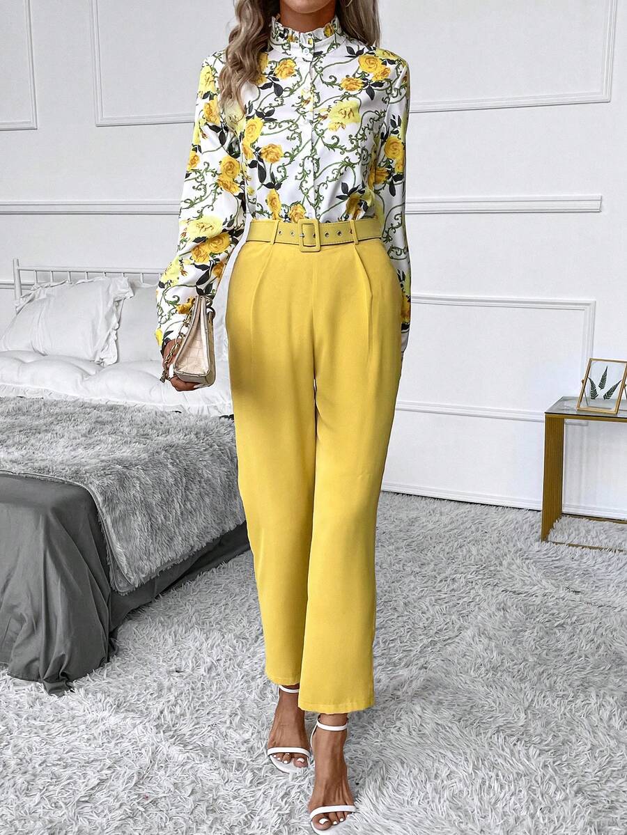 SHEIN Clasi Floral Print Mock Neck Blouse & Belted Pants - Yellow - View 1