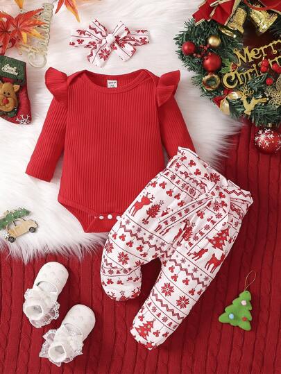Baby Girl Ruffle Trim Bodysuit & Christmas Print Paperbag Waist Pants & Headband