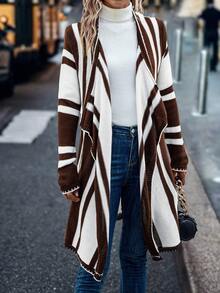 SHEIN LUNE Striped Pattern Waterfall Collar Drop Shoulder Cardigan - Multicolor - View 6