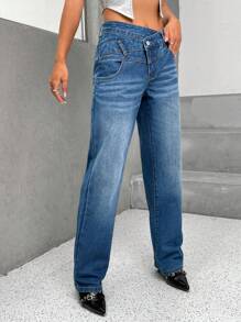 SHEIN Essnce Jeans de pierna recta de cintura asimétrica - Azul lavado oscuro - Ver 5