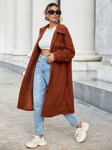 SHEIN Essnce 翻蓋口袋落肩袖絨毛外套 - 棕色 - 查看 8