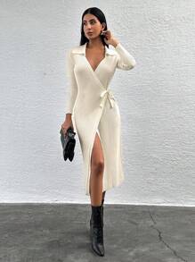 EURMUSE Solid Wrap Knot Side Sweater Dress - White - View 3