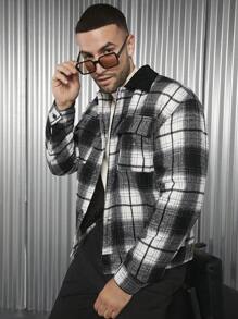 Manfinity VCAY 男式 1 件格子印花落肩翻盖口袋撞色领子夹棉大衣