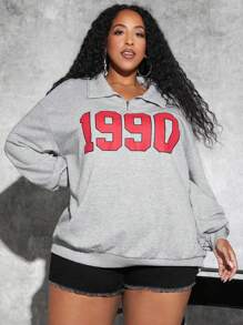 SHEIN CURVE+ 大碼字母圖案落肩袖1/4拉鍊運動衫 - 淺灰色 - 查看 1