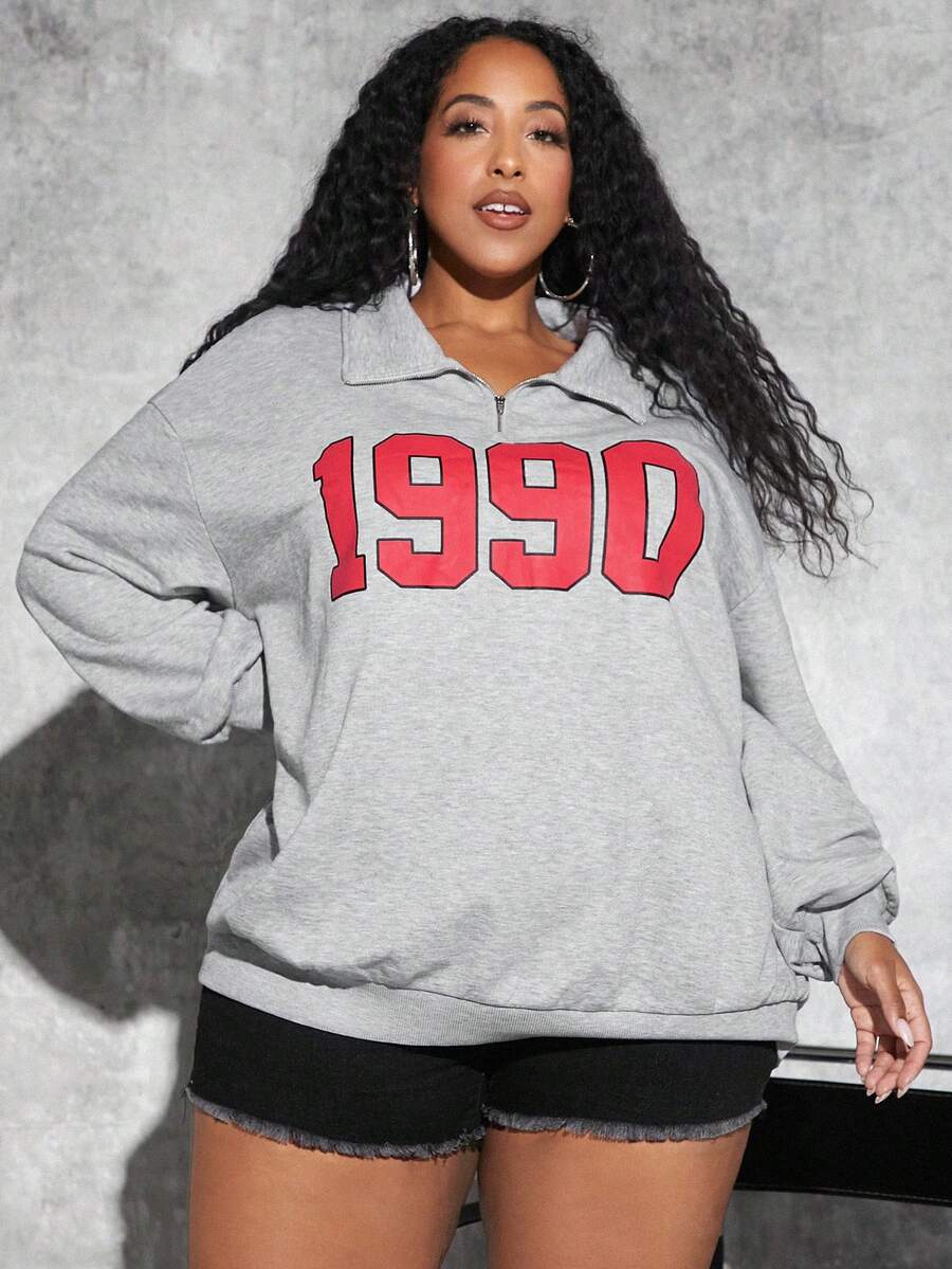 SHEIN CURVE+ 大碼字母圖案落肩袖1/4拉鍊運動衫 - 淺灰色 - 查看 1