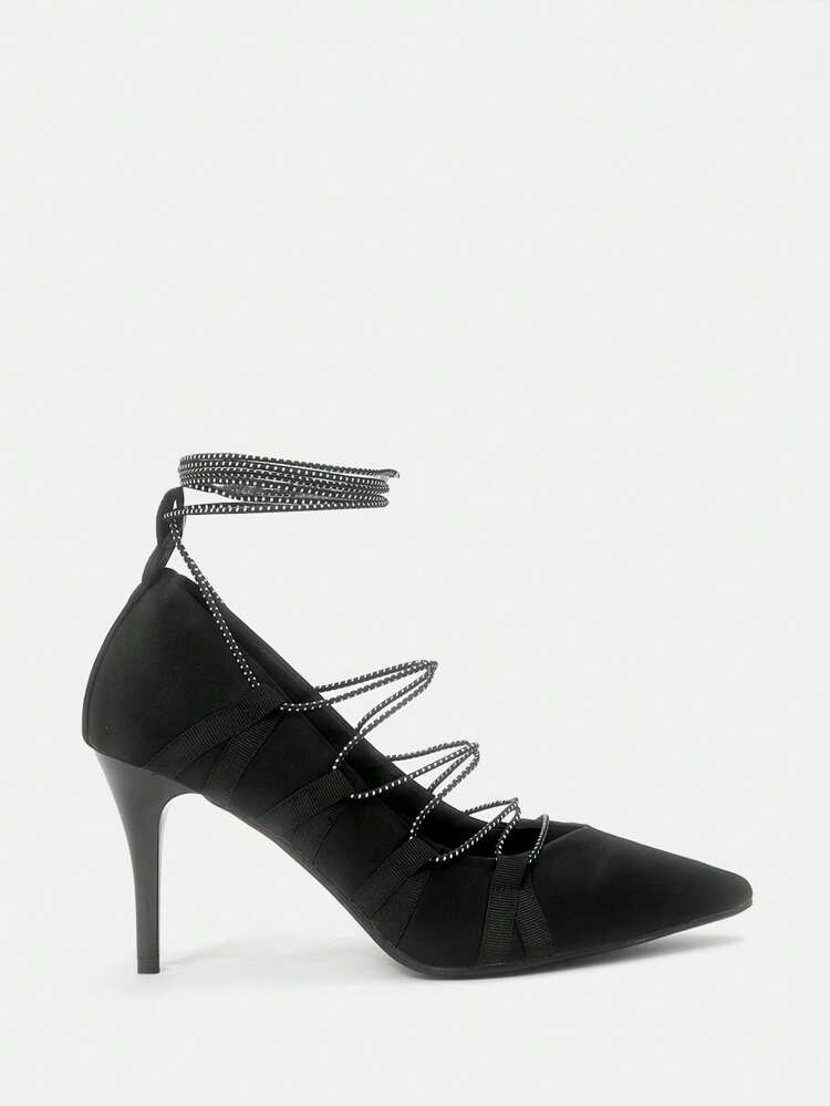 Fashionable Black Pointed Toe Thin Heels High Heeled Shoes With Strap For Women