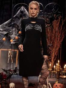 PUNK Vestido de punto Halloween con patrón de esqueleto con abertura de muslo con abertura