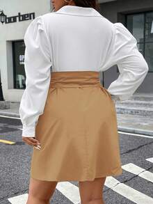 Celure Talla grande Vestido camisero de dos tonos con cinturón - Caqui - Ver 2