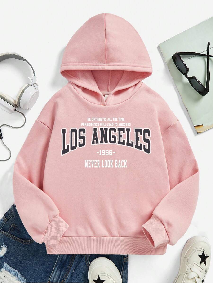 Tween Girl Letter Graphic Thermal Lined Hooded Sweatshirt - Pink - View 1