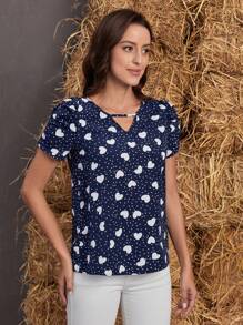 EMERY ROSE Polka Dot & Heart Print Keyhole Neckline Puff Sleeve Blouse - Blue - View 4