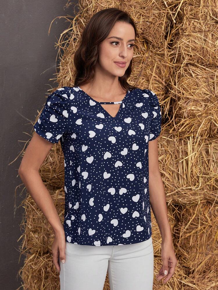 EMERY ROSE Polka Dot & Heart Print Keyhole Neckline Puff Sleeve Blouse - Blue - View 4