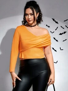 PUNK 大碼不對稱領短款T恤 - 橘色 - 查看 2