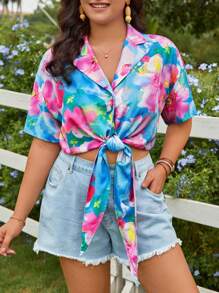 SHEIN VCAY 大碼印花下擺打結襯衫 - 彩色 - 查看 5