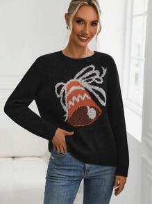 SHEIN LUNE Suéter de punto con caída de hombros y estampado de campana para otoño e invierno - Negro - Ver 4