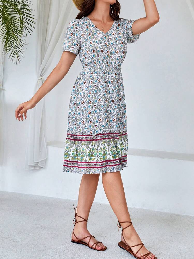 SHEIN VCAY הדפס פרחוני שרוול מנופח שכבות מלמלה שמלות - ריבוי צבעים - ראה 4