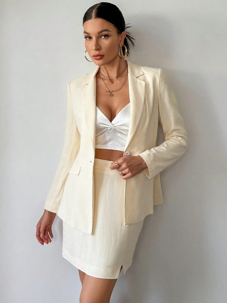 Lapel Neck Single Button Blazer & Skirt