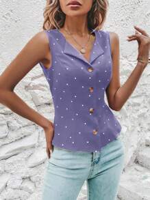 SHEIN VCAY Polka Dot Print Button Front Sleeveless Blouse - Purple - View 4