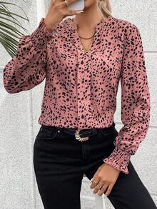 SHEIN Clasi Dalmatian Print Shirred Cuff Blouse - Pink - View 3