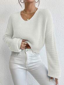 SHEIN Unity V Neck Drop Shoulder Ribbed Knit Sweater - White - View 4